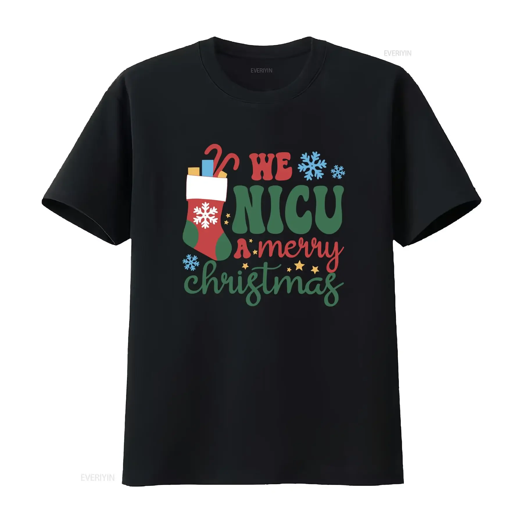 Festive Christmas NICU Stocking Snowflake Print Casual T Shirt vintage Washed graphic Comfortable streetwear Unisex homme
