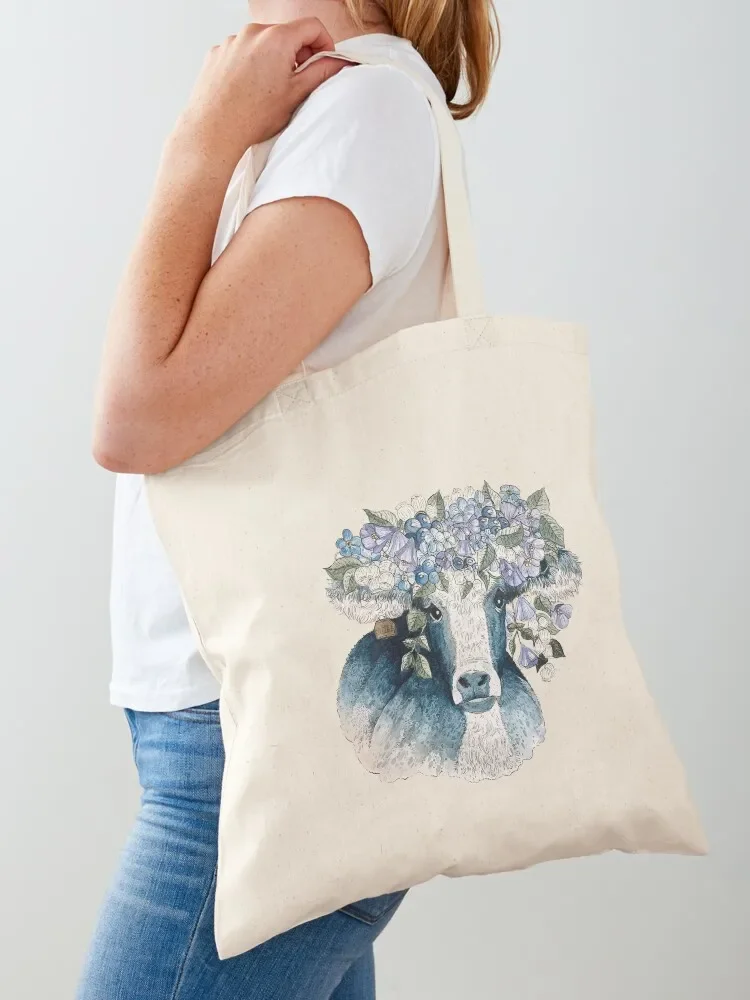Bluebell Blueberry Watercolor Cow Painting Tote Bag cute tote bag hand bag ladies Beach