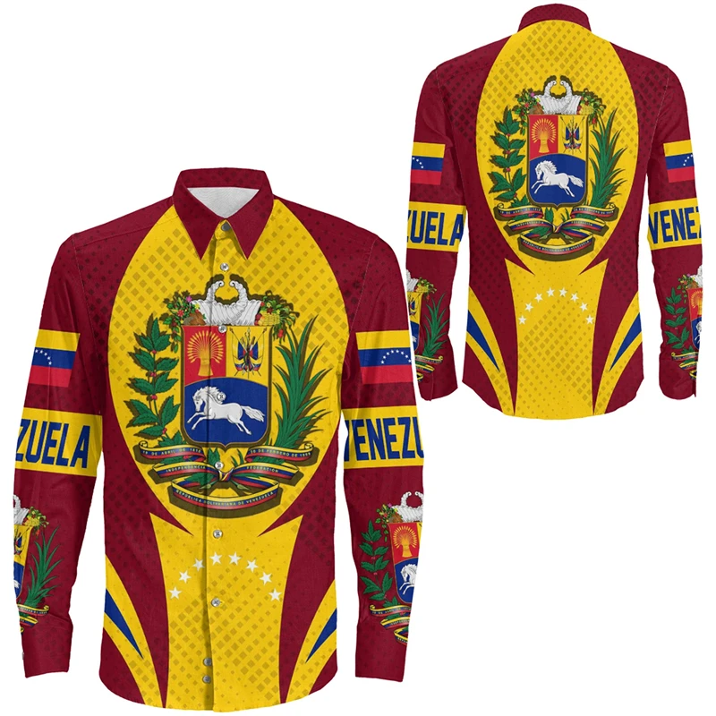 Venezuela Flag 3D Printed Shirts For Men Clothing Casual Venezuela National Emblem Graphic Long Sleeve Sports Blouse Lapel 2024