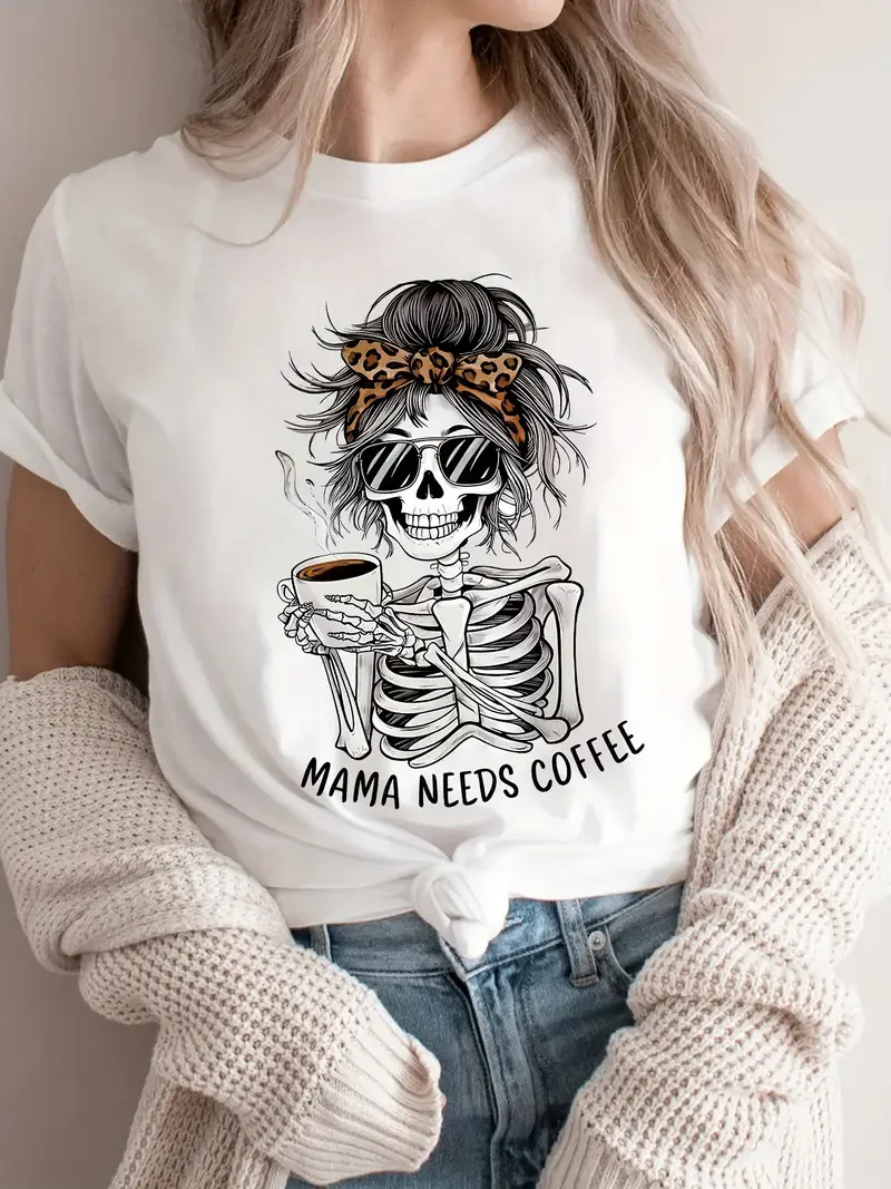 

2025 Vintage Women's Casual Graphic Skeleton Coffee Art Print Short Sleeve T Shirt Clothing Top Tee