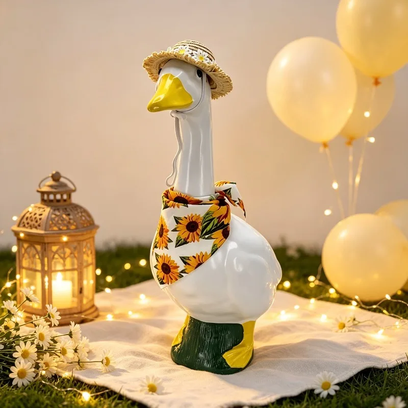Straw Hat & Floral Scarf Two Piece Costume Kit for Porch Goose Outdoor Courtyard Ornament Spring Picnic Decor Without Goose