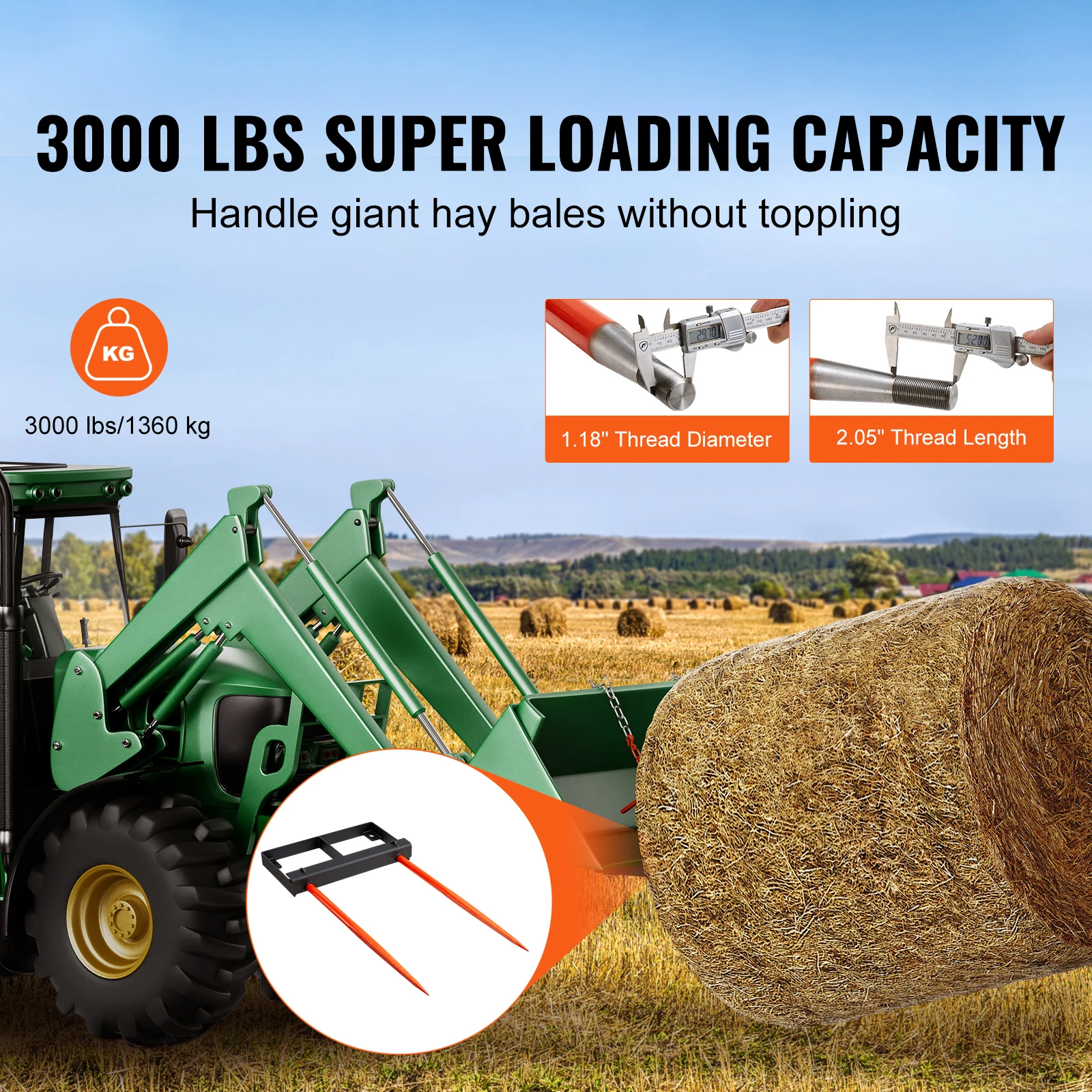 VEVOR Hay Spear Bale Spears 1600lbs/3000lbs Capacity Skid Steer Loader Tractor Bucket Attachment with 2pcs Stabilizer Spears