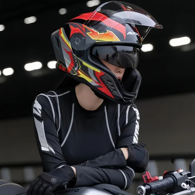 New Unisex Dual‑Visor Full‑Face Motorcycle Helmet, Large Rear Spoiler, All‑Season Helmet for Street & Racing Riding