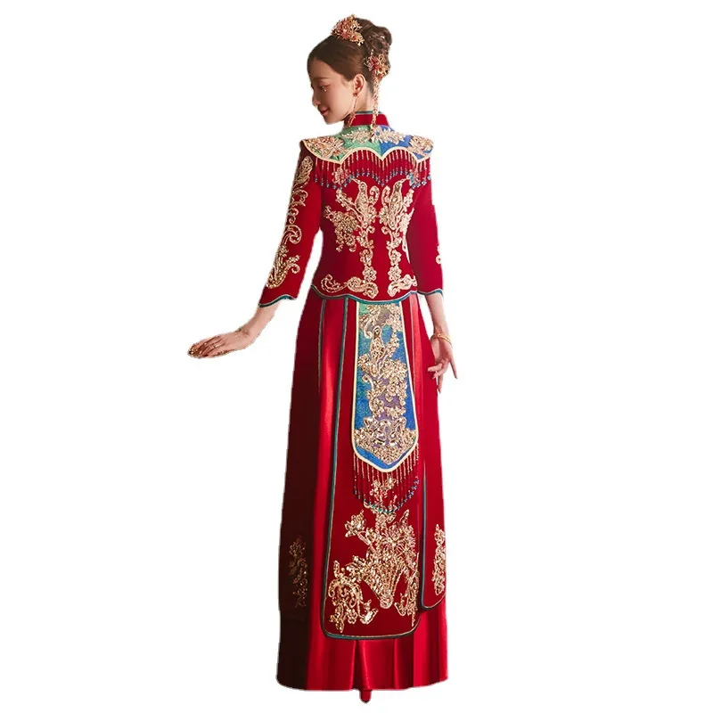 Chinesische Oriental Hochzeit Kleid frauen Vintage Stehkragen Cheongsam Rot Pailletten Perlen Stickerei Qipao Vestido