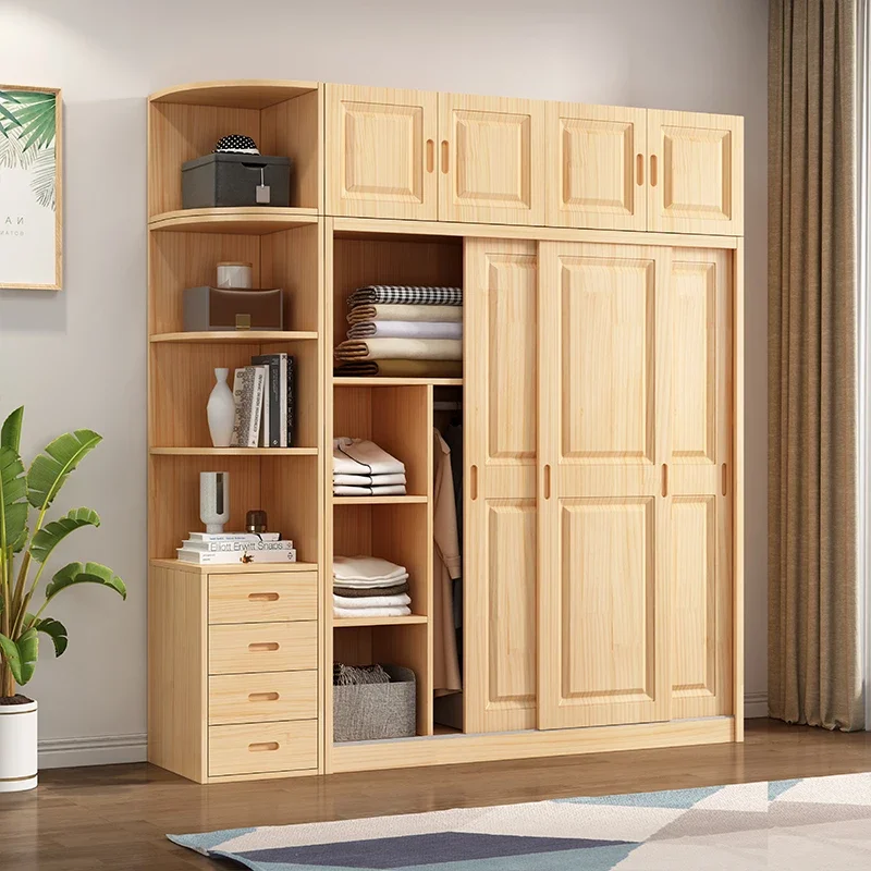 Full solid wood pine sliding door wardrobe, modern natural wood children's clothing cabinet,household bedroom storage cabinet