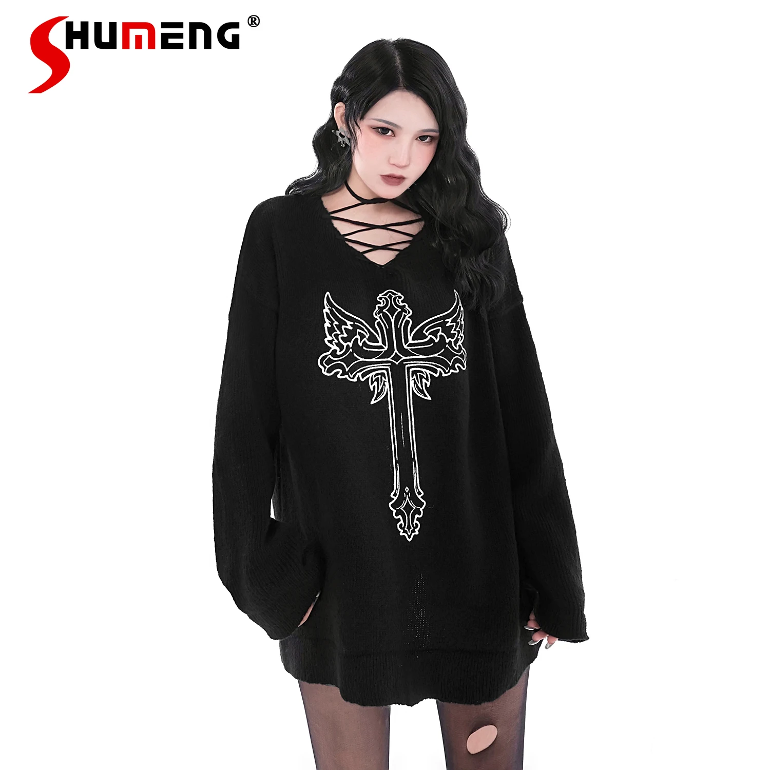 Punk Dark Wings Cross Jacquard Neck Straps Loose Black Knitted Pullovers Women Autumn New Fashion Gothic Long-sleeved Sweater