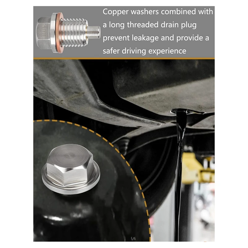 Magnetic Oil Drain Plug M14 X 1.5MM 2 PCS, Stainless Steel Engine Oil Drain Plugs With 2 Pcs Copper Gasket Anti Leakage