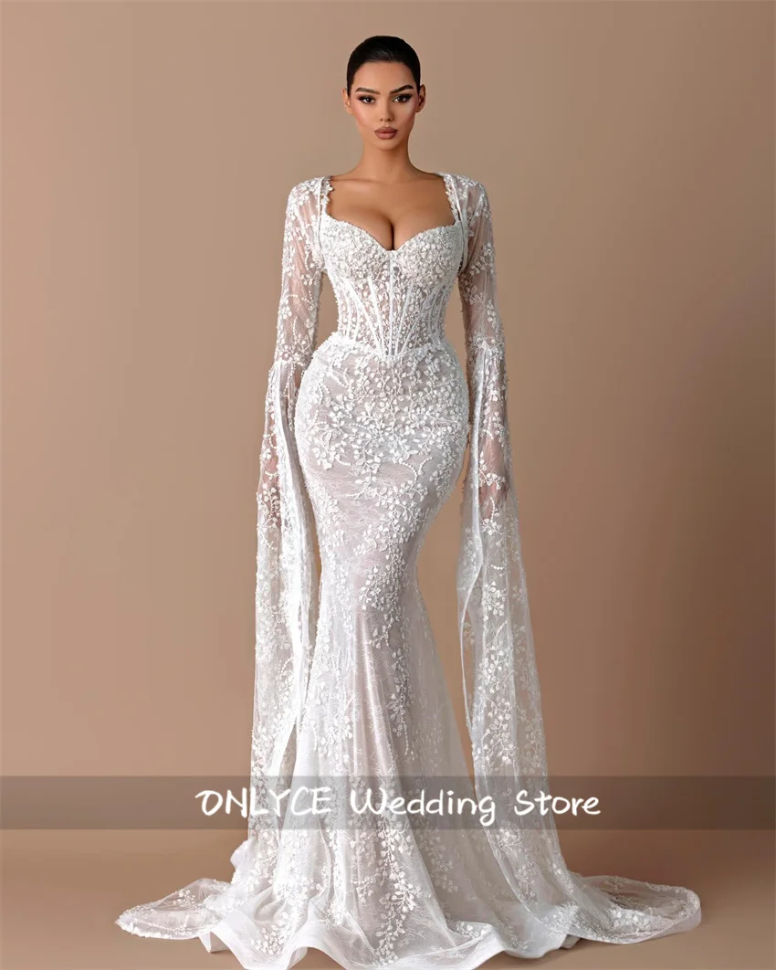 

Luxury White Mermaid Wedding Dresses For Bride Long Sleeves Lace Appliques Women Bridal Gowns Crystals Customized