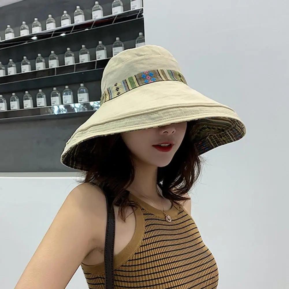 Women Bucket Hats Bohemian Color Patchwork Cotton Large Brim Sun Shade Sunblock Cap Fisherman Hat Outdoor Travel Beach Visor Cap