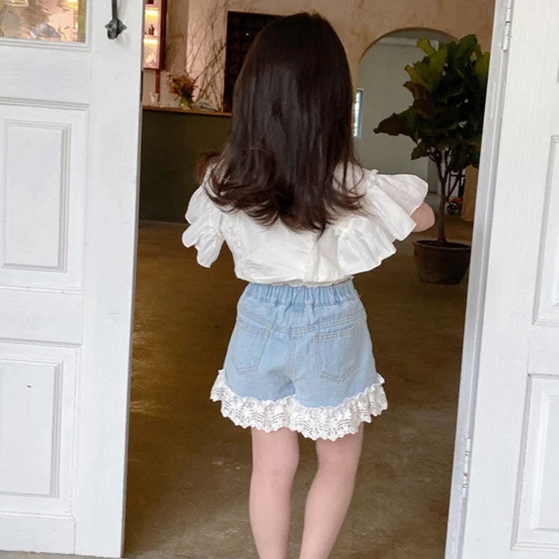 Summer Children Girls Cotton Flower Embroidered Shirt Korean Casual Girls Puff Sleeve Short Top