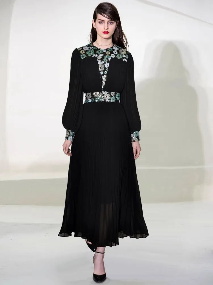 Seasixiang Sequins Flowers Embroidery Dress For Women O-Neck Lantern Sleeves Vintage Pleated Dresses Fashion Autumn Female New
