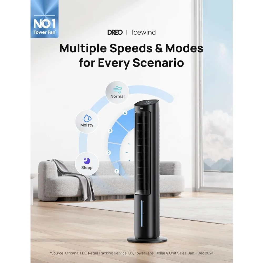 40 inch evaporative air cooler, cooling fan,capable of swinging 80 ° to blow cold air,detachable water tank,3 modes and 4 speeds