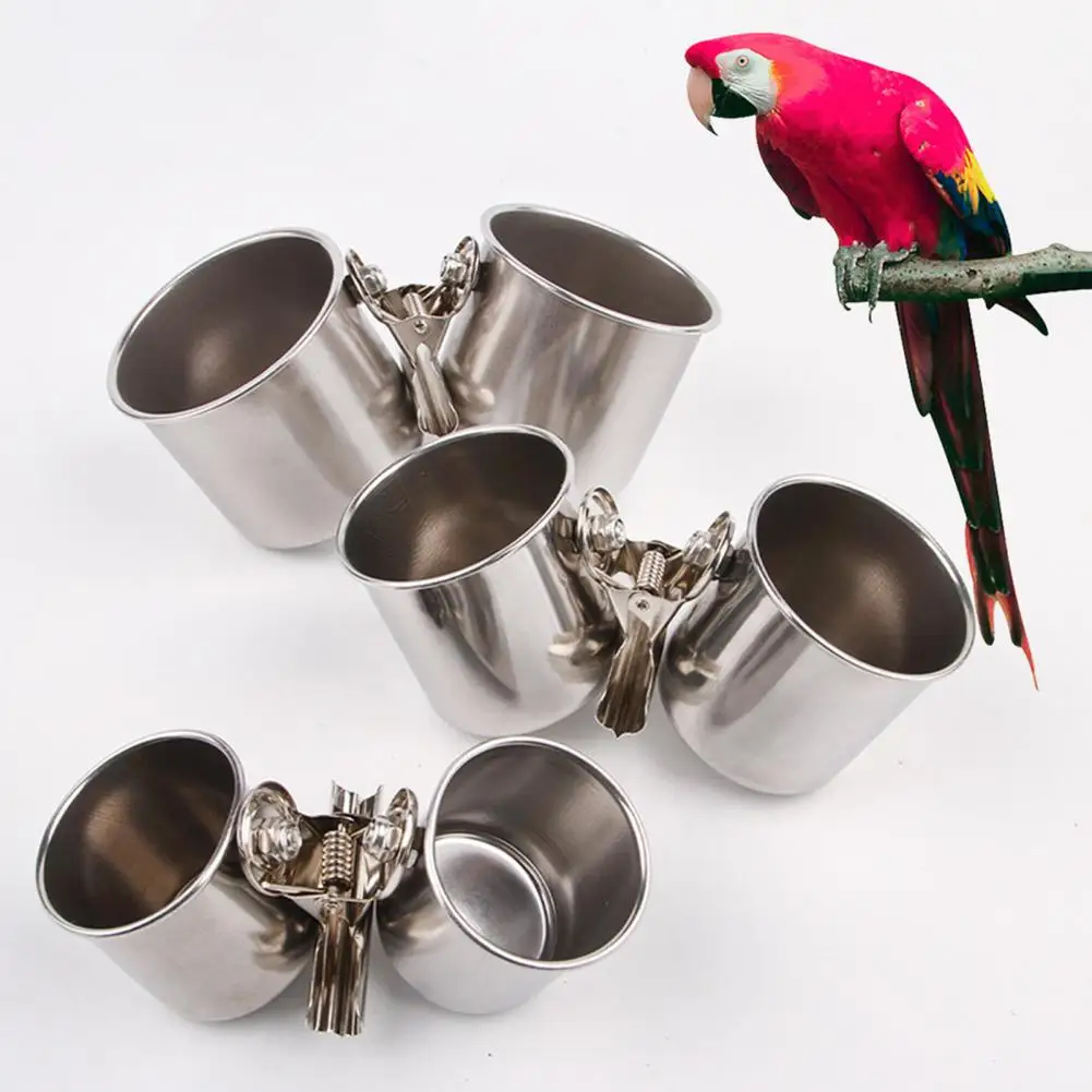 Bird Food Stainless Steel Bird Feeding Dish Cups with Clamp for Parrot Cage Anti-gnawing Water Bowl Food Box Holder for Small