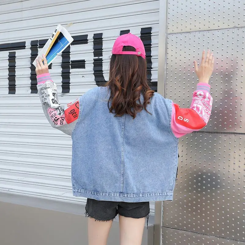 New Denim Jacket Female Sequins Loose Casual Letter Printed Personalized Jeans Coat Women