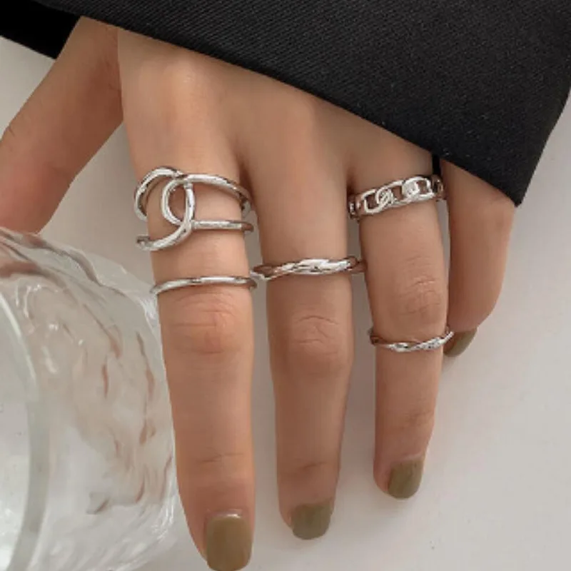 5Pcs/Set Hot Selling Cold Style Irregular Hollow Chain Ring Set Women's Personality Simplicity and Versatile Jewelry Wholesale