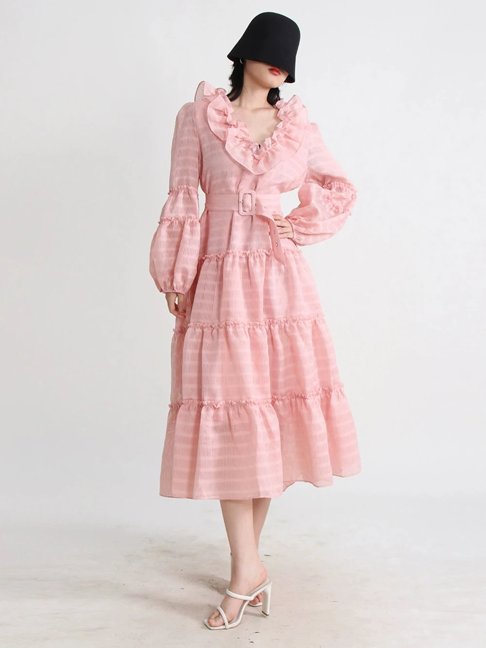

French tea break style dress 2025 summer new all-match lantern sleeve tie waist ruffle dress-GZXX197