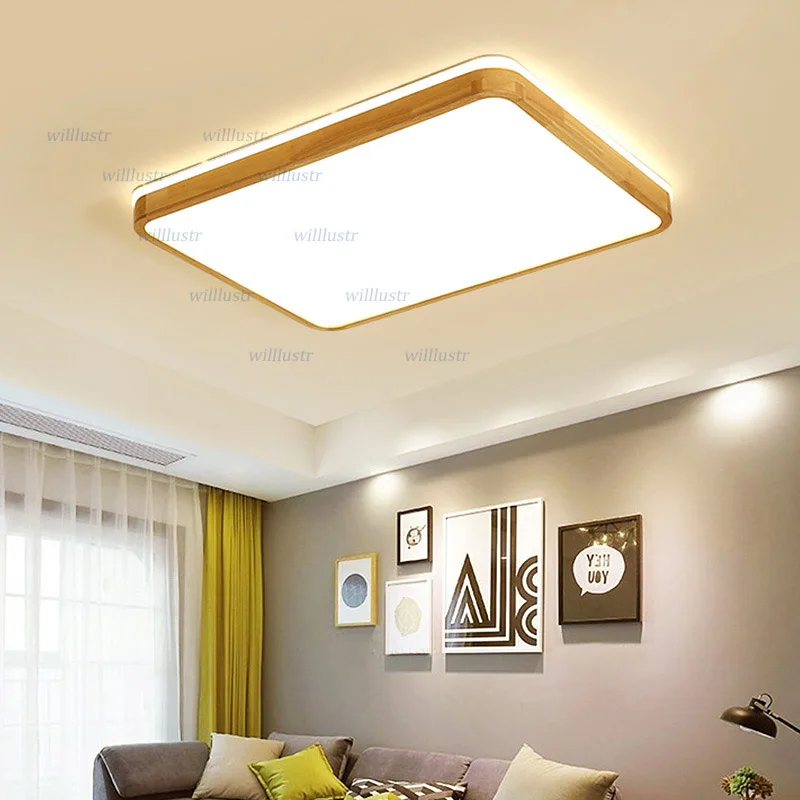 Minimalist LED Wood Ceiling Lamp Round Square Rectangle Sitting Room Bedroom Hotel Lounge Hall Natural Color Lighting