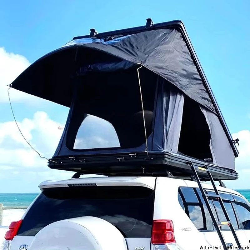 2025: Aluminum rooftop tent for 1-2 people, outdoor hiking, triangular flip-top hard-shell rooftop tent.