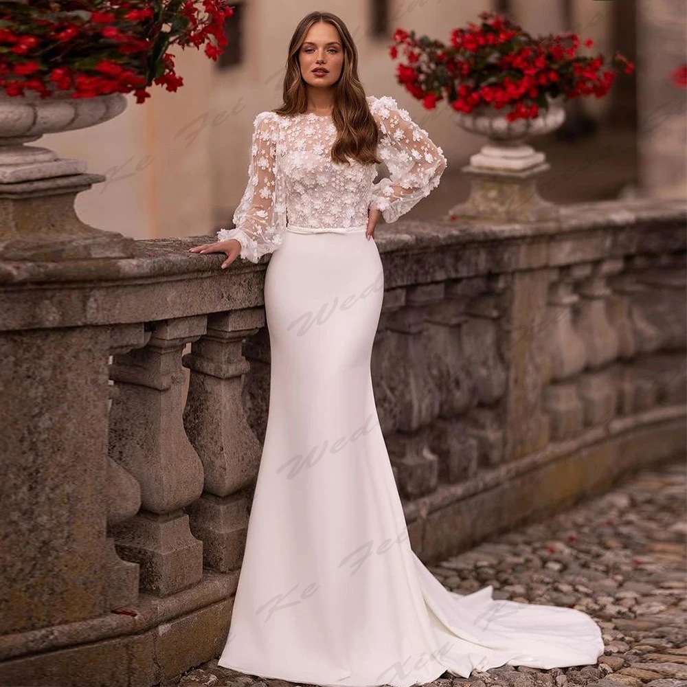 Lindo Luxo Vestidos De Casamento De Cetim, Exquisite Applique A Linha, Gola Redonda, Mangas Compridas, Simples Esfregando Vestidos De Noiva, Querida