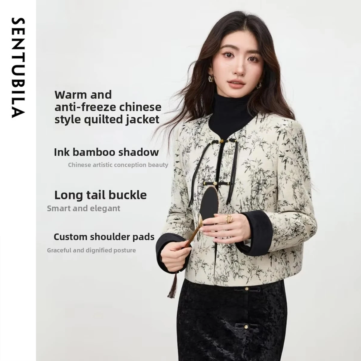 

SENTUBILA женское стеганое пальто в китайском стиле, зима 2025 года, жаккардовая куртка с длинным подолом и пряжкой, теплая модная верхняя одежда 154WP3995