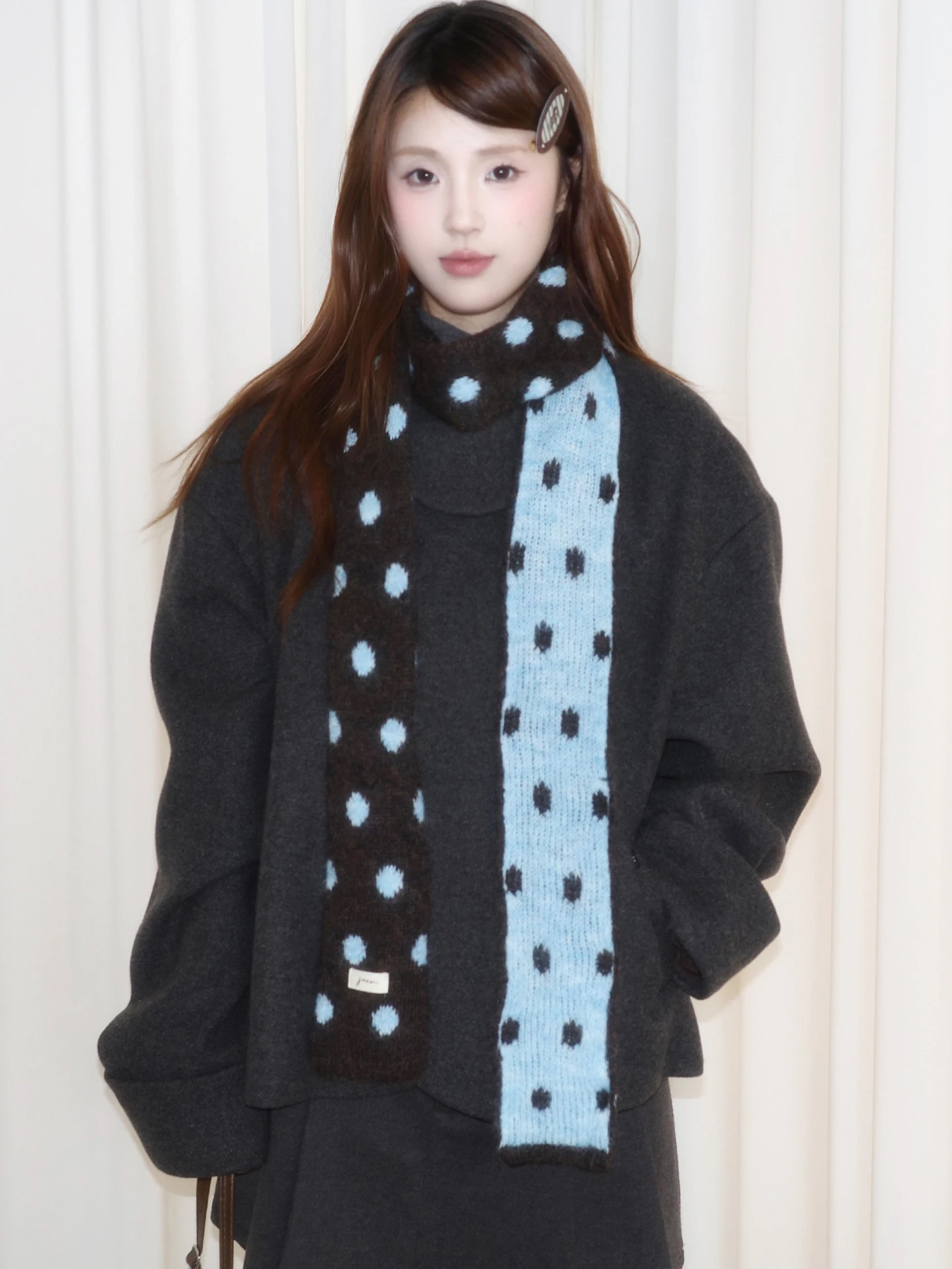 Korean Style Double-Sided Contrasting Color Polka Dot Knitted Long Skinny Scarf Women's Cute Warm Neck Warmer Neck Protector