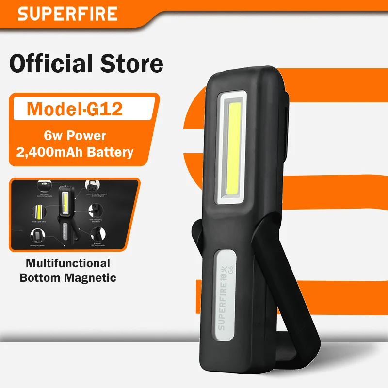 SUPERFIRE G12 New Work Light flashlight + COB Light Band Magnetic Car Repairing Camping Built-in Battery USB Rechargeable Torch