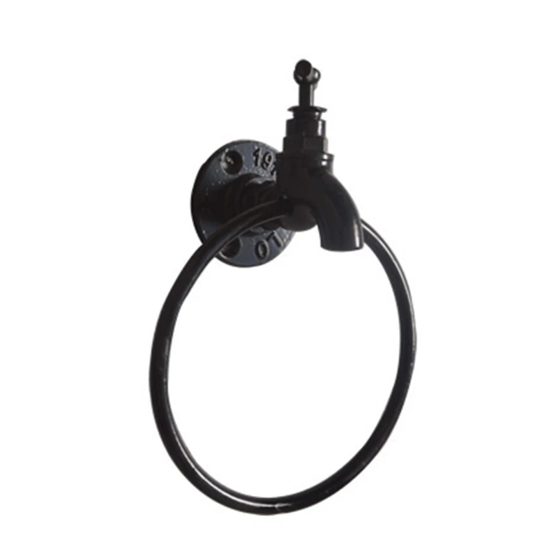 for Creative Wall-Mounted Towel Ring Rustic Industrial Faucet Design Black Metal Hand Towel Rack for Bathroom Decoration