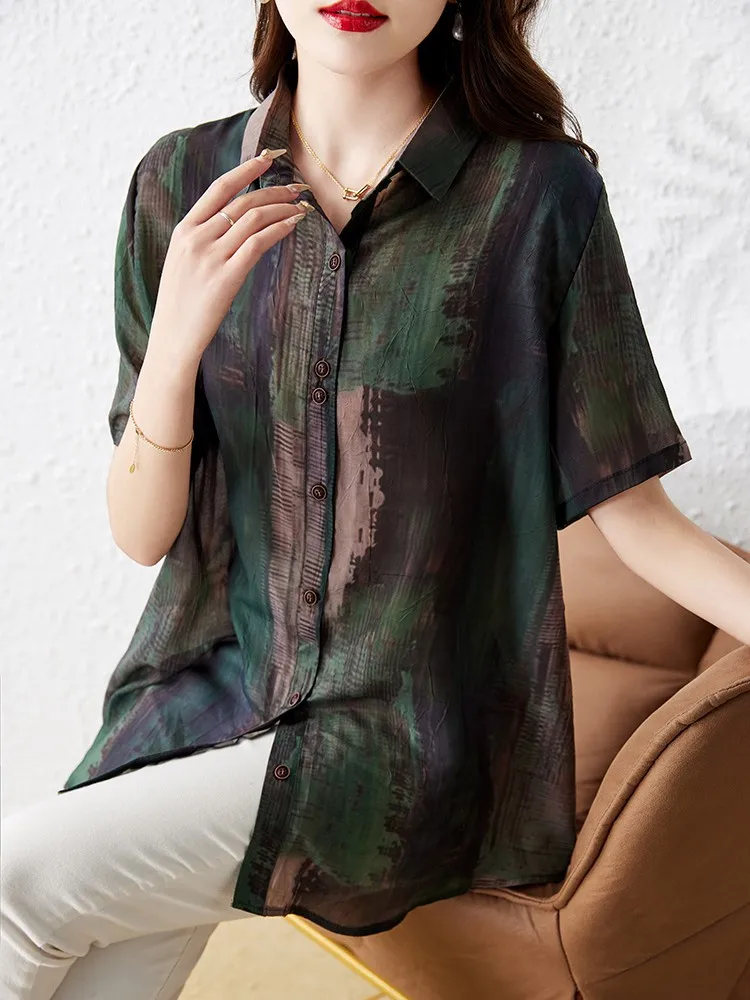 Women Summer Casual Shirts New Arrival 2023 Korean Style Turn-down Collar Vintage Print Loose Female Short Sleeve Tops B2562