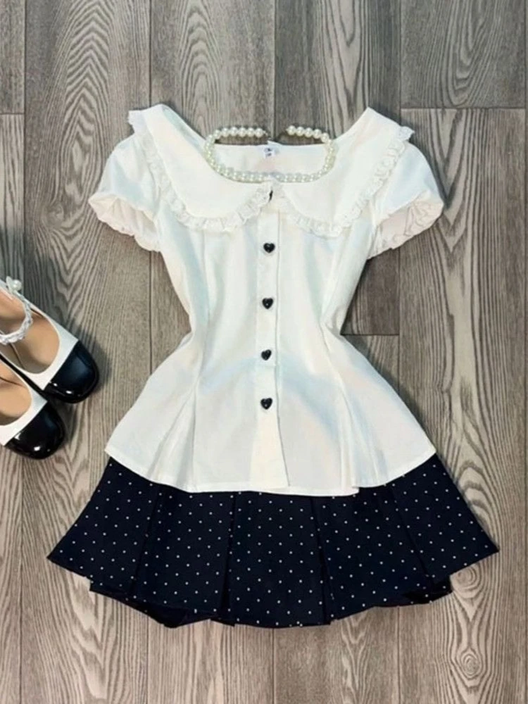Summer New Doll Collar Shirt Polka Dot Pleated Skirt Suit French Cute Lace Love Waist Coat College Style Two-piece Sweet Girl view 3