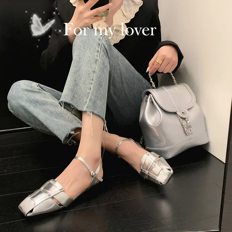 MKKHOU Fashion Sandals WomenNew High Quality Genuine Leather Vintage French Sandals Square Heels Modern Open Shoes