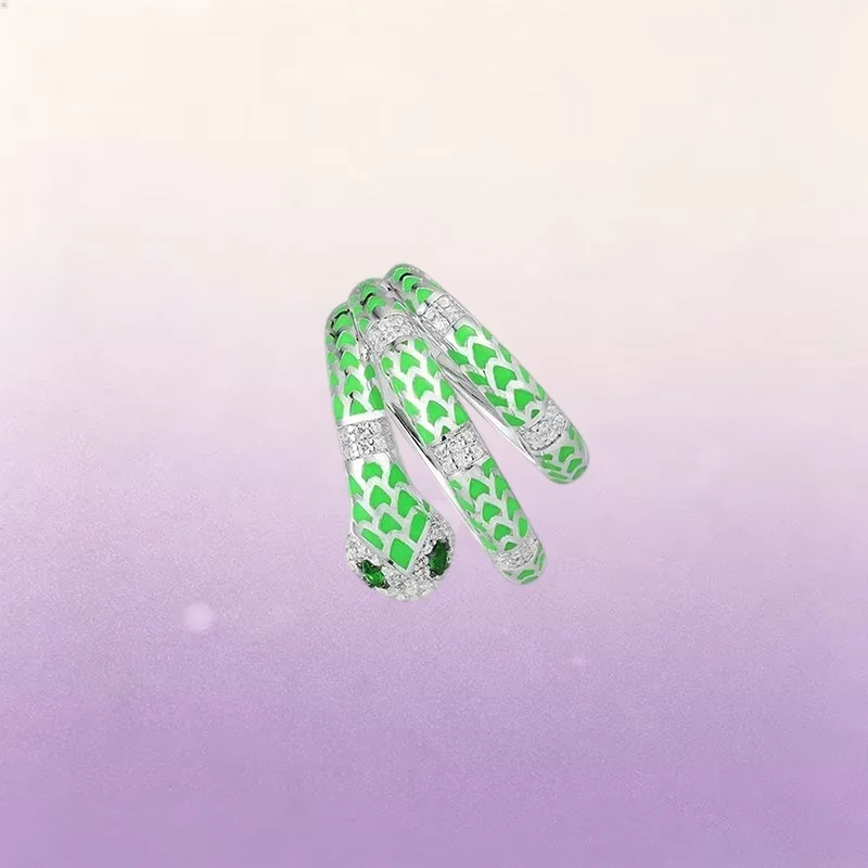 ZPFF S925 Sterling Silver Green Pink Snake Ring Earrings Bracelet Women Exaggerated Animal Luxury Banquet Fashion Party Jewelry - view 4