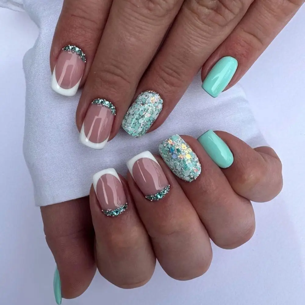 Fashion Long Square False Nails White Lips Starbursts Small Flower Fake Nials Detachable Full Cover Press on Nails DIY