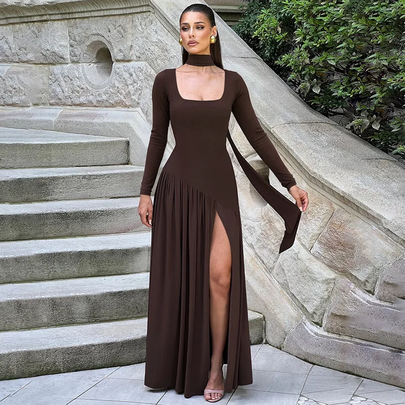 Femme vêtements à manches longues pansement haute fente robe de soirée taille haute plissée longue Maxi robes de soirée