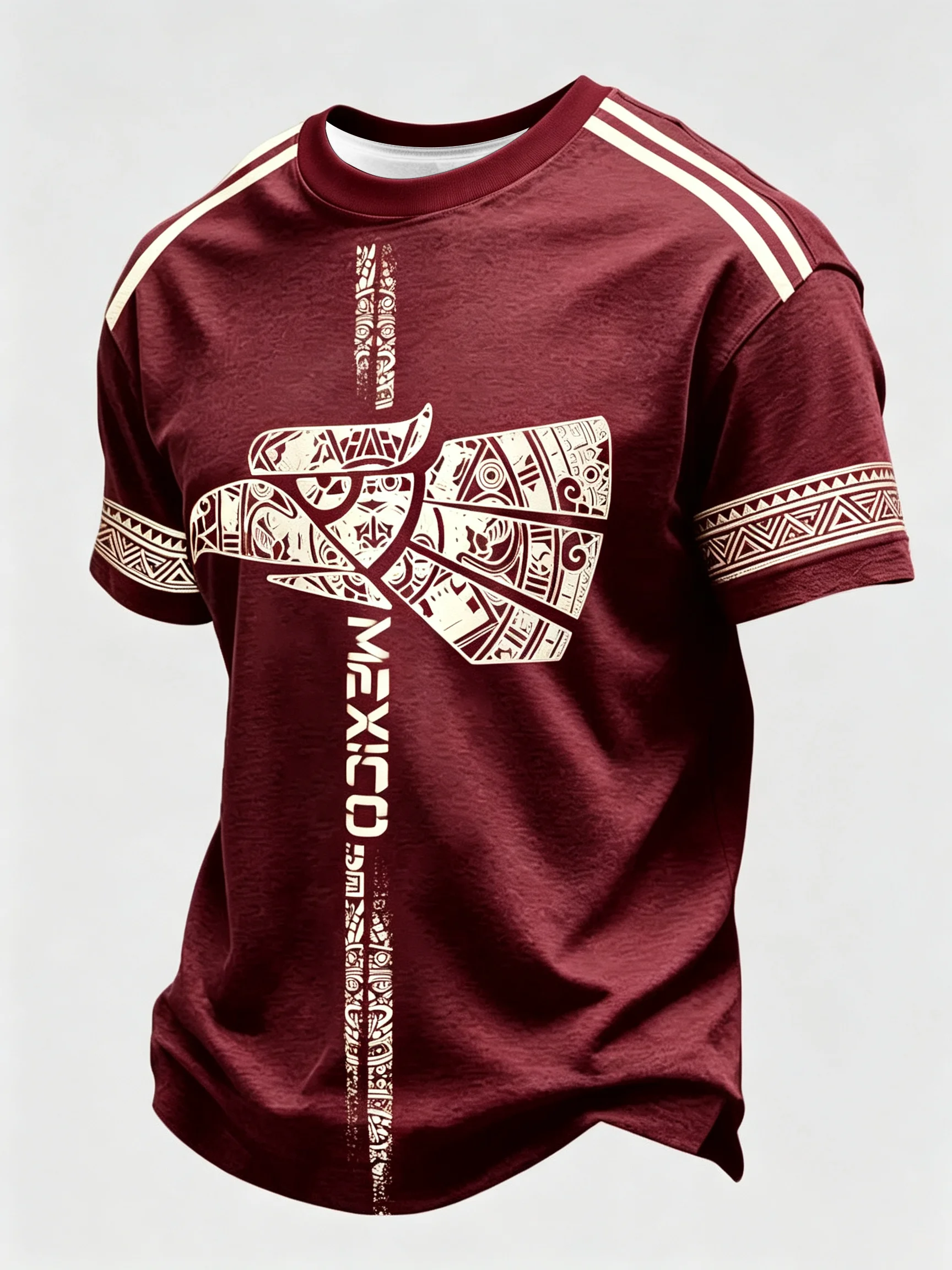 Mexico Eagle Totem Football Jersey Men Spliced Short Sleeve T‑Shirt Vertical MEXICO Letter Print Cuff Ethnic Pattern