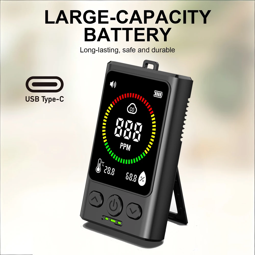 

Мини-детектор угарного газа, перезаряжаемый, с функцией измерения температуры и влажности, для дома, путешествий, отелей и помещений.