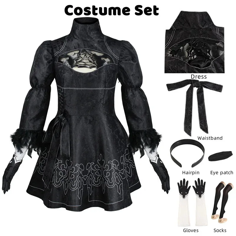 Disfraz de Anime Nier Automata, traje de 9S Yorha 2B, traje de mujer y hombre, peluca, disfraz de Halloween de talla grande, vestido negro de fiesta elegante