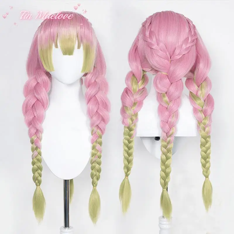 Mitsuri Kanroji Cosplay Wig High Quality Long Pink Green Braided Heat Resistant Synthetic Hair Authentic Cosplay Wigs + Wig Cap