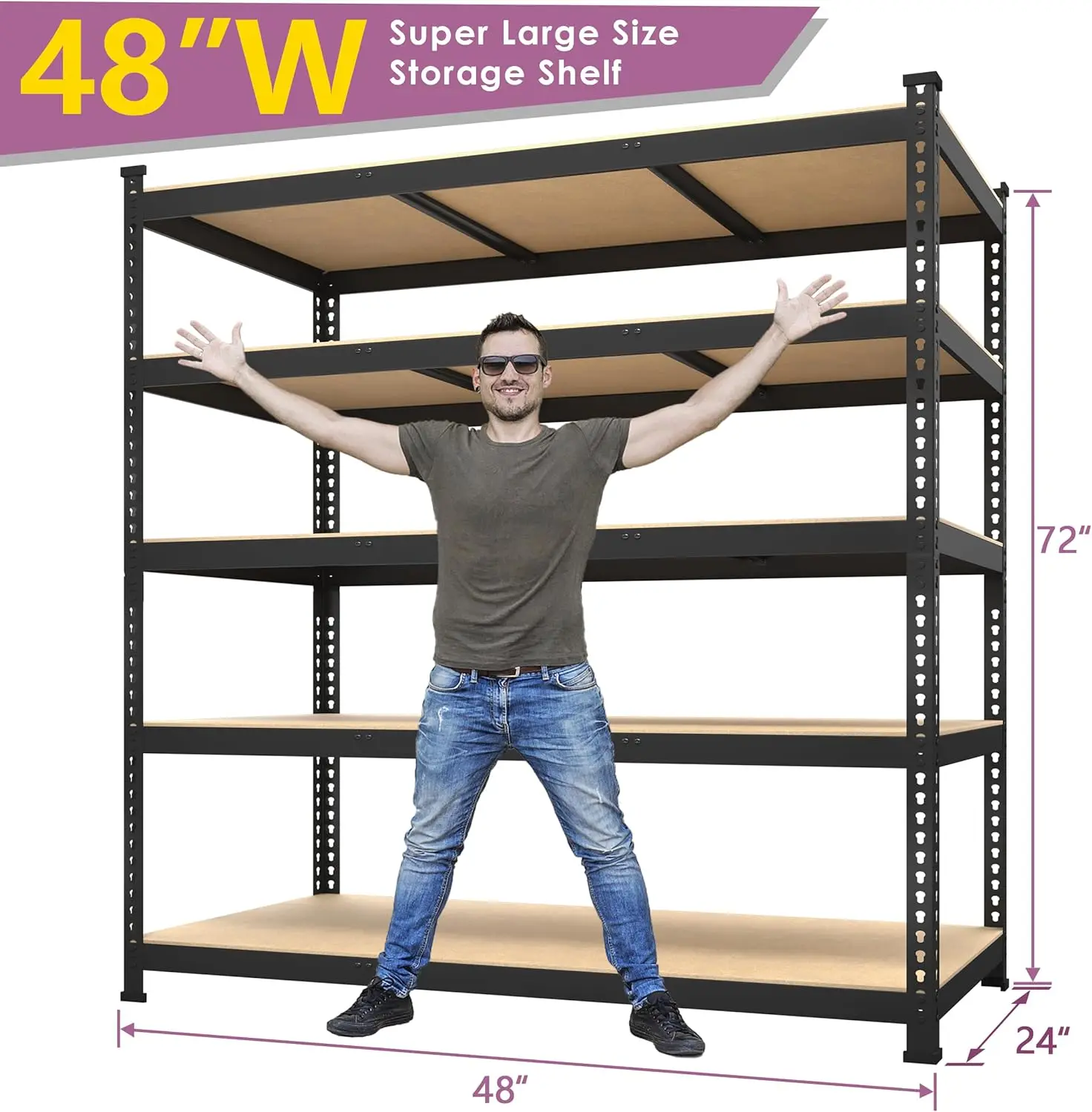 Сверхмощные полки для хранения 48x24x72 дюймов, 5-уровневые регулируемые металлические гаражные стеллажи, стоячие полки для кладовой, склада