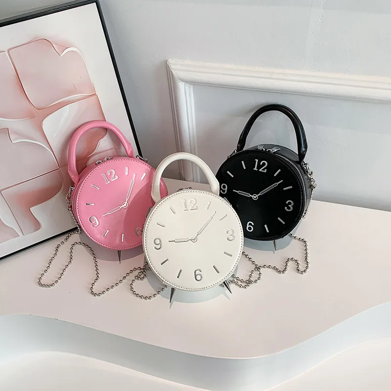 

Funny Round Cartoon Clock Pu Leather Woman's Bag Lady Vintage Handbag Messenger Crossbody Shoulder Bag Chain Purse