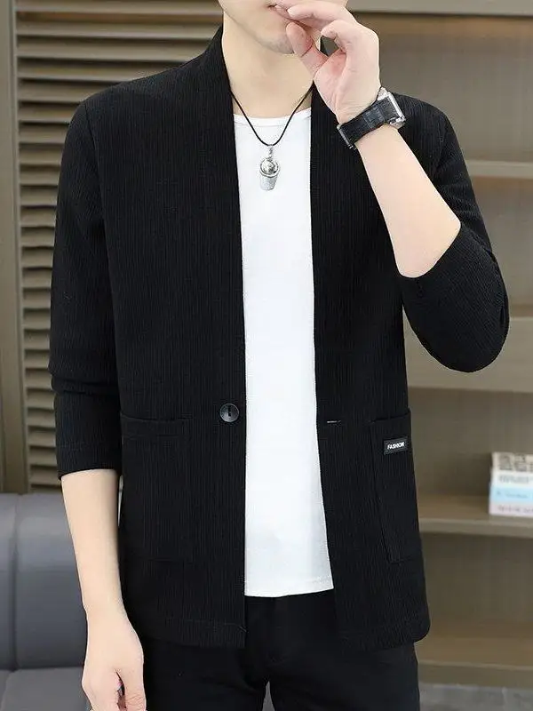 

Новый мужской вязаный кардиган с V-образным вырезом 2026 года, повседневный универсальный свитер-жакет, однотонный, из полиэфирного волокна, весенний