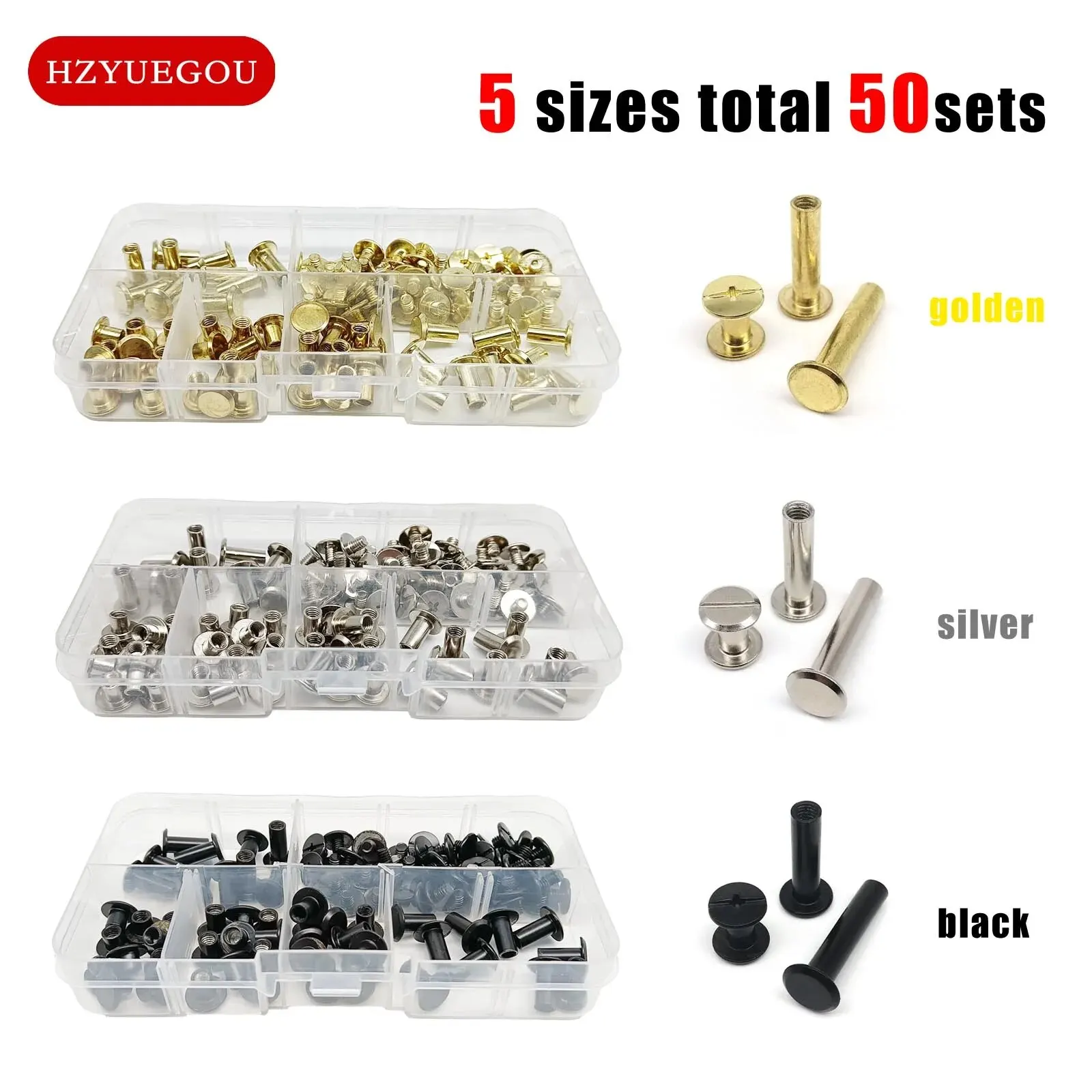 50 Set Rivet Chicago Screw Post Binding Nail Mix Size Kit Box for Leather Bag Belt Strap Photo Scrapbook Album Account Book Iron