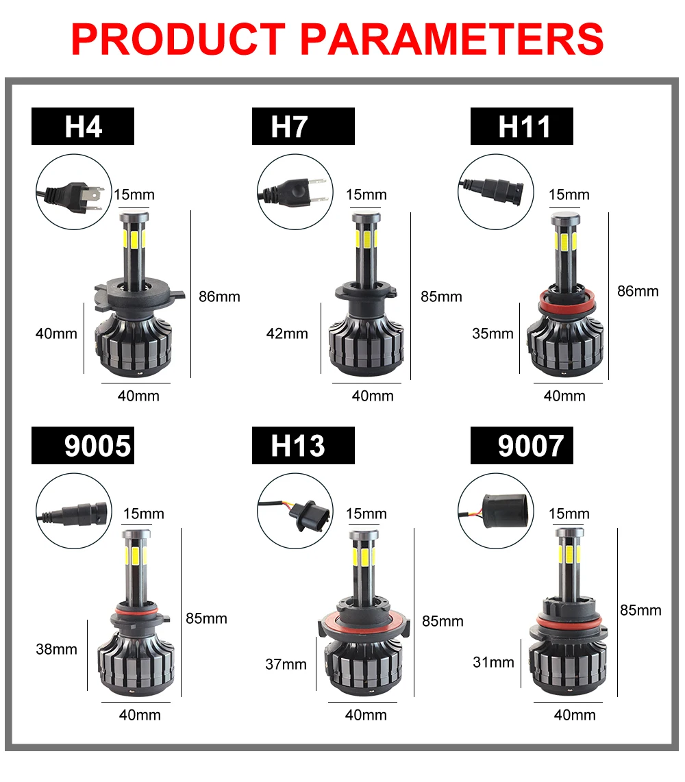 H7 LED Car Headlights Bulbs 200W 25000LM 6 Side Auto Headlight Bulb Bright Light 3000K 6000K 8000K High Power HB3 HB4 9007 H8