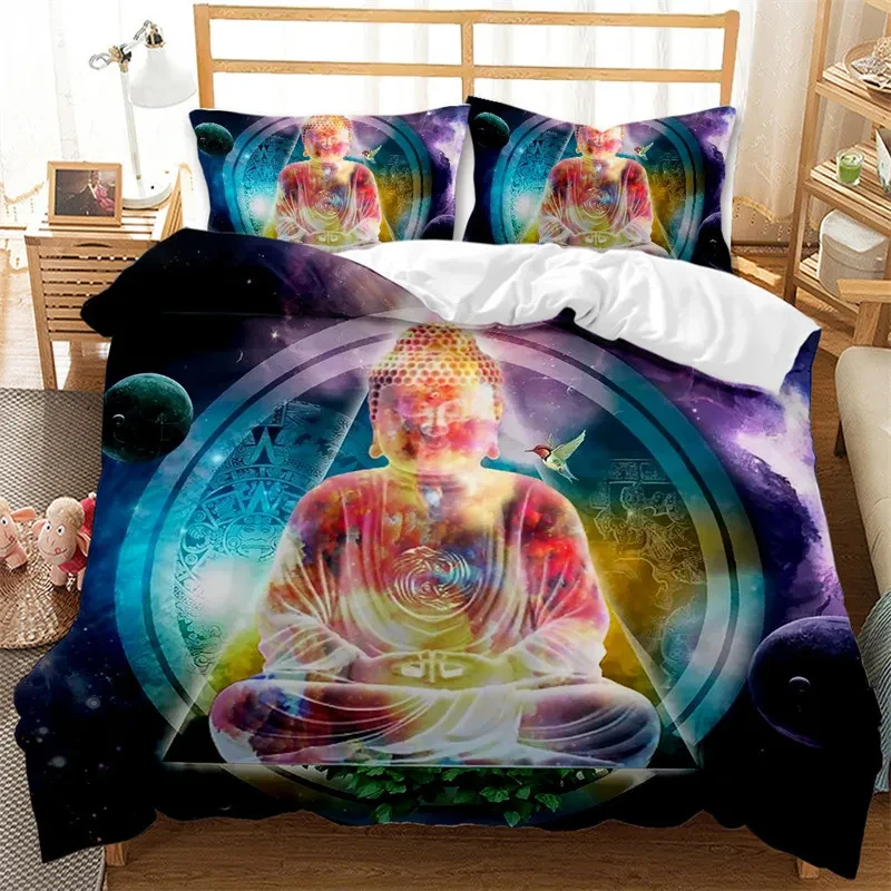 3D Buddha Duvet Cover Gold Black Lotus Floral Bedding Set Buddhist Decor Microfiber Exotic Ethnic Comforter Cover for Kids Adult