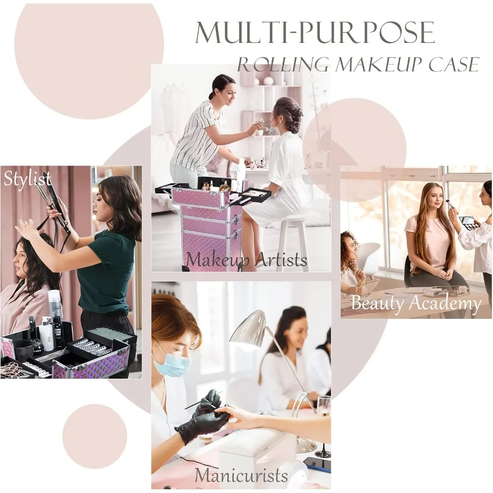 3-in-1 rollender Make-up-Koffer mit 360° °   Räder, Schloss und Rautenmuster – Rosa für Profis