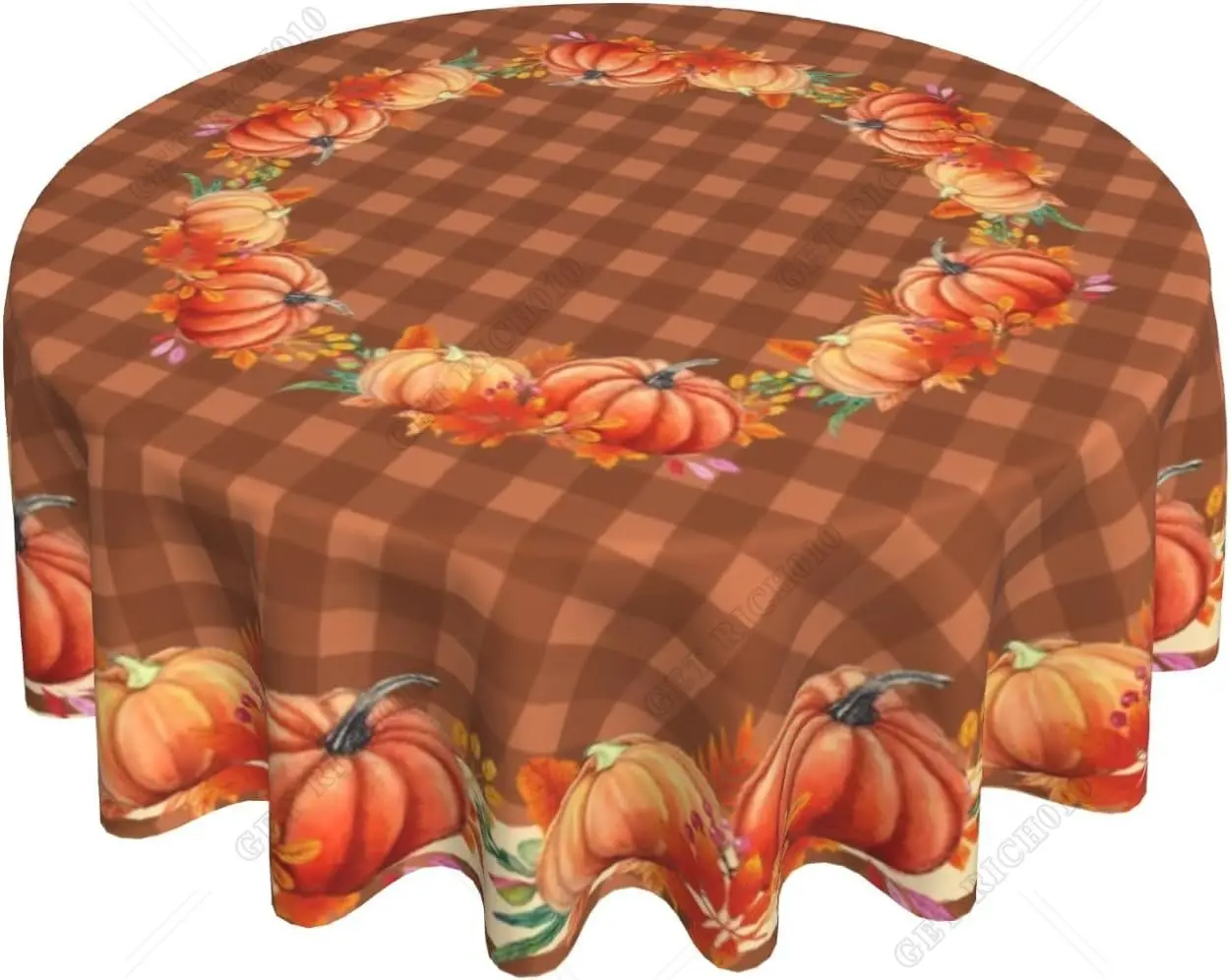 

Fall Pumpkin Round Tablecloth 60" Autumn Maple Leaves Circle Table Cloth Brown Buffalo Plaids Decorative Table Cover for Kitchen