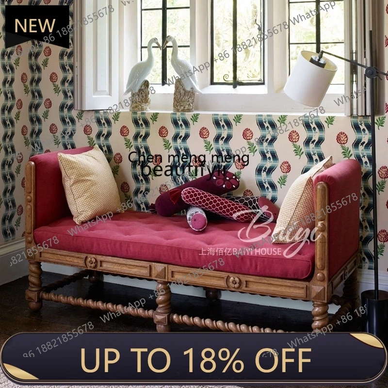 

P178 French solid wood American retro old solid wood carving flower bedside stool, French retro solid wood shoe changing stool