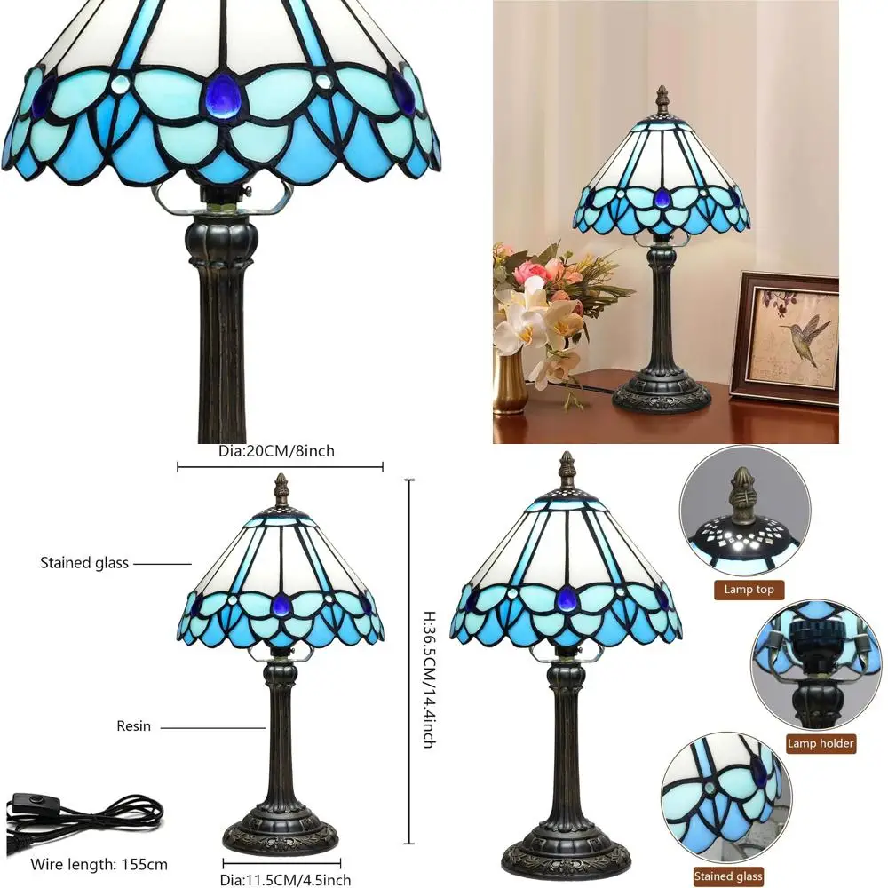 

8x8x14 Inch Tiffany Blue Butterfly Stained Glass LED Reading Lamp for Bedroom, Nightstand, and Home Office