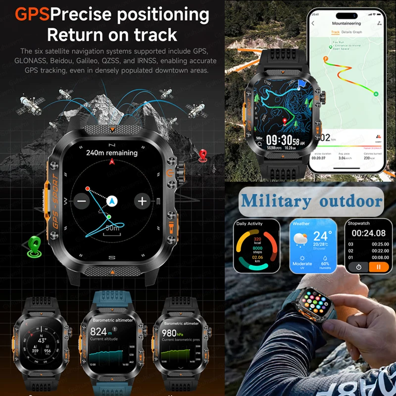 2025 العلامة التجارية الجديدة في الهواء الطلق العسكرية لتحديد المواقع ساعة ذكية 2.01 "AMOLED شاشة IP69K مقاوم للماء البوصلة بلوتوث دعوة الرياضة سوار السباحة