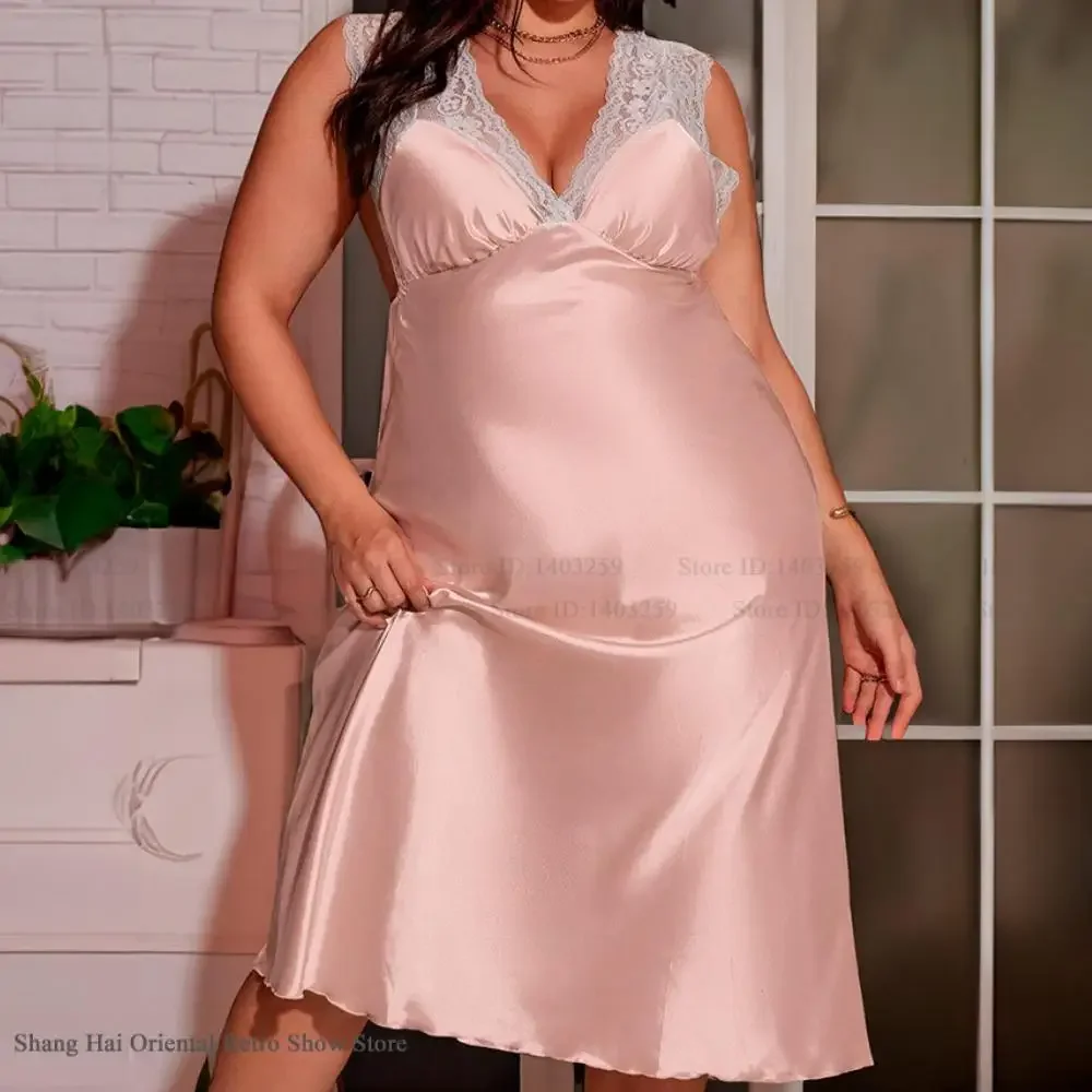 

Ночная рубашка, свободная атласная одежда для сна, домашняя одежда, большой размер 5XL, женская длинная ночная рубашка, домашний халат, сексуальный глубокий v-образный вырез, кружево с открытой спиной