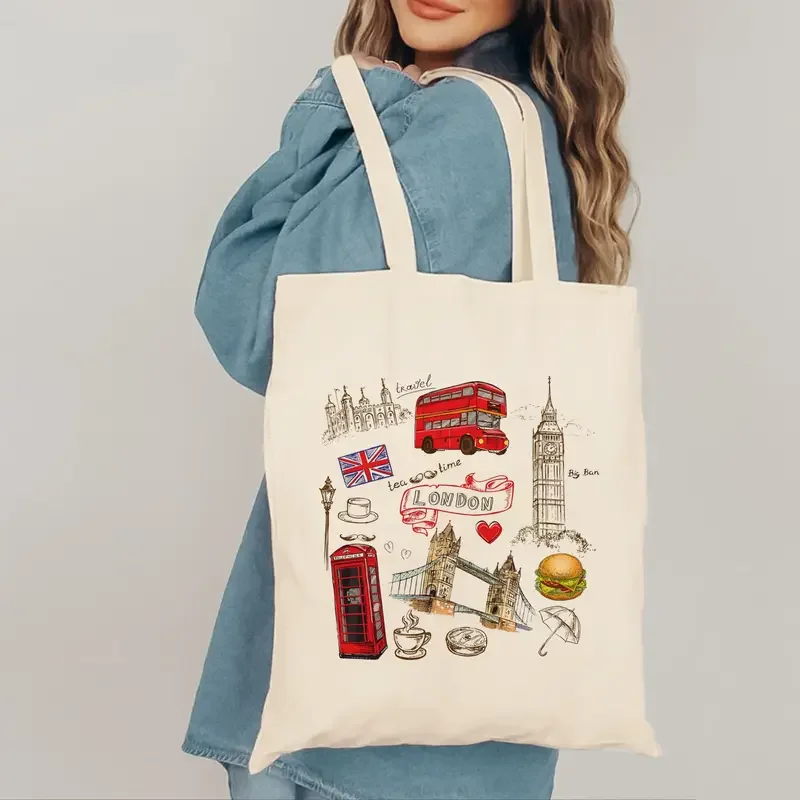 London Landmark Bus Phone Booth Doodle Printed Canvas Tote Bag Handbag For Daily Commute Shopping And Short Travel Use view 4